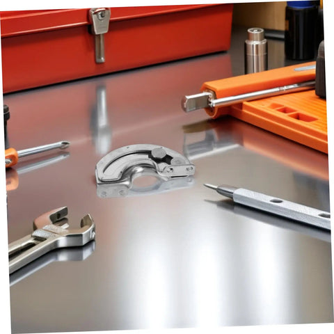 Concealed Hidden Cabinet Hinges 90 Degree Curved For Doors Two Piece Stainless Steel Industrial Grade Hinges on metal surface with tools