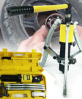 Top Tier 20 Ton Hydraulic Bearing Hub Separator Puller And Gear Kit Built For Shop Pros Using Forged Steel Construction To Crush Heavy Axles With 2 Or 3 Jaw Options Handling 100 300 Mm Fixes Oil Leak Problems Quickly In Any Garage., hydraulic hub puller kit with forged steel jaws, yellow case, and pump handle on wheel hub
