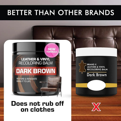 Real Deal Dark Brown Leather Recoloring Balm To Bring Couch Back To Life Knock Out Nasty Scratches Fast While Conditioning And Restoring Faded Leather Look Sharp on display with couch background.