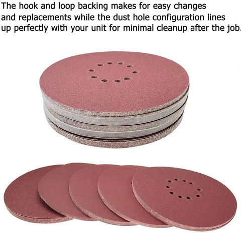 9 Inch Hook And Loop Sanding Discs Set With 10 Hole Design in stack and spread out display, showcasing grit variety and backing.