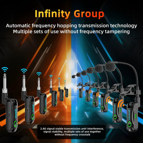 Two Point Four G Wireless Clip On Saxophone And Brass Instrument Microphone System display with multiple units.