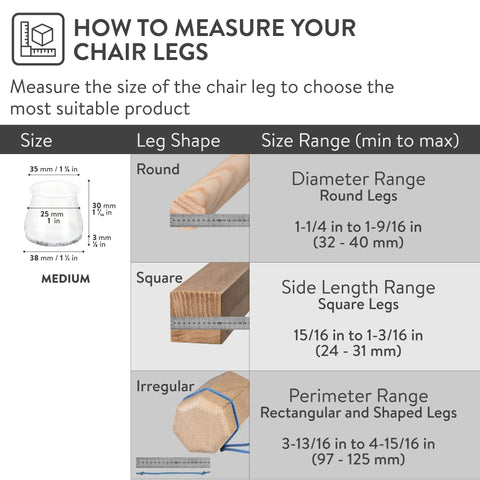 Guide for measuring chair legs for 32 Pack Chair Leg Floor Protectors With Felt Bottom And Silicone Pads For Hardwood Floors Anti Scratch Noise Reducing Rubber Caps For Chairs Black Medium Size.