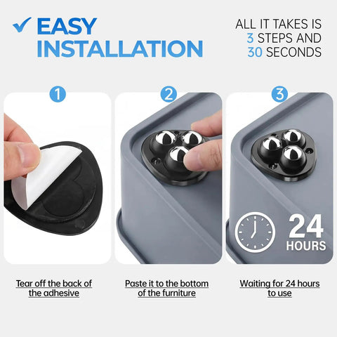 Easy installation steps for Self Adhesive 360 Swivel Appliance Sliders On Kitchen Countertops 16 Pack showing adhesive and mounting.