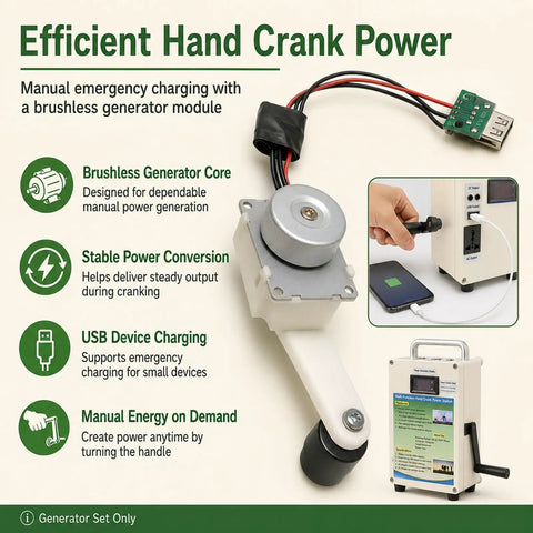 Efficient hand crank generator showcasing manual energy creation and USB charging capabilities for emergency backup.
