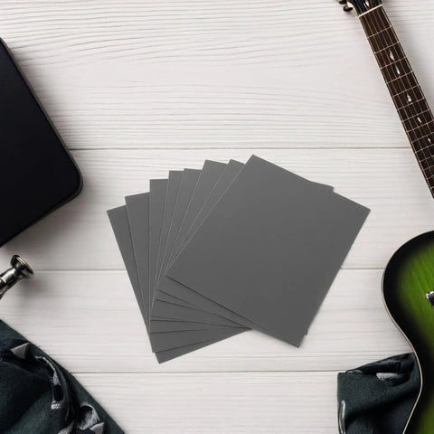 Fretboard Protector Kit For Guitar Frets Polishing And Guard Pads Includes Fret Grinding Pads And Polishing Paper Fits Most Wooden And Electric Guitars Bass Friendly For Smooth Shiny Fret Surfaces gray polishing sheets on tabletop