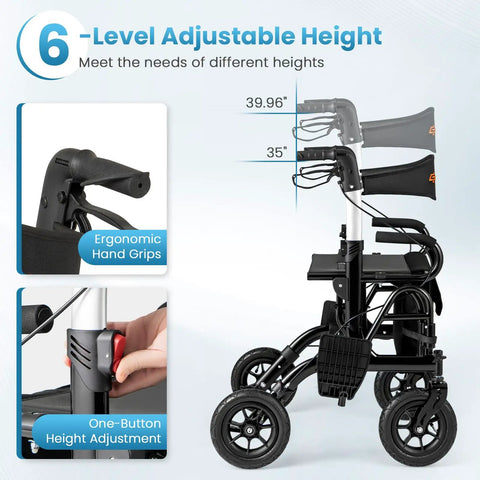 2 In 1 Folding Rollator Walker And Wheelchair Combo With Brakes For Seniors Aluminum Mobility Aid Height Adjustment Feature