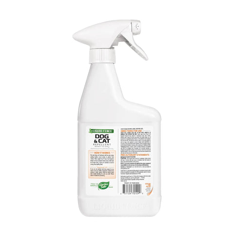 Dog And Cat Yard Repellent Ready To Use 32 Ounce Spray Keeps Pets And Strays From Marking Your Yard, Trees, Shrubs, Gardens And Trash Cans By Masking Odors, back view of bottle