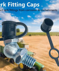 All In One 240 Piece Grease Fittings Kit With 120 Metric And 120 SAE Fittings Including M6 M8 M10 And One Quarter Inch 28 One Eighth Inch 27 Sizes In Straight 45 Degree And 90 Degree Angles With Fitting Caps For Replacing Missing Or Damaged Zerks shown with zerk fitting cap in a field setting