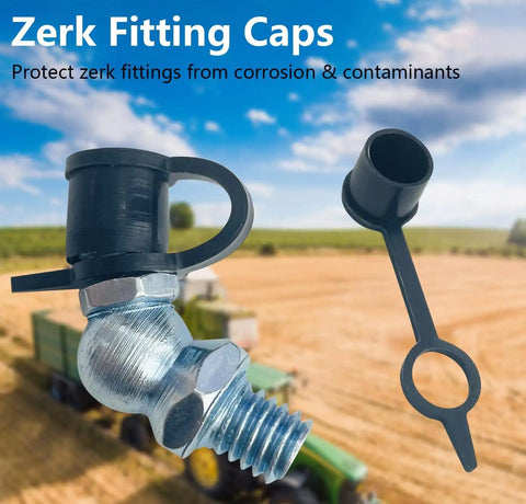All In One 240 Piece Grease Fittings Kit With 120 Metric And 120 SAE Fittings Including M6 M8 M10 And One Quarter Inch 28 One Eighth Inch 27 Sizes In Straight 45 Degree And 90 Degree Angles With Fitting Caps For Replacing Missing Or Damaged Zerks shown with zerk fitting cap in a field setting