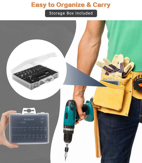 Man holding drill with the Damaged Screw Extractor Kit 22 Piece Set For Home DIY And Garden Projects Easy Out Stripped Screw Remover Alloy Steel