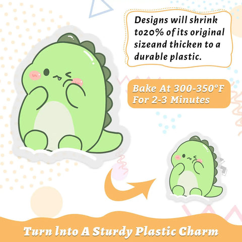 Dinosaur design for DIY Shrink Plastic Keychain Kit with 140 Pieces Shrink Sheets and 120 Accessories. Bake at 300-350°F.
