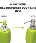 Soap Dispenser Pump Head Replacement For Standard 28 400 Neck Size 26 To 28 Mm Stainless Steel Brushed Finish No Fuss Bottle Use Only Universal Fit For Most Bottled Soap Dispensers. Image shows before and after comparison of green dispenser with replaced stainless steel pump head.