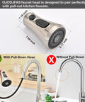Universal Kitchen Faucet Head Replacement In Brushed Nickel With 17 Adapters For Pull Down Sink Sprayers, dimensions displayed, compatible with pull-down hoses.