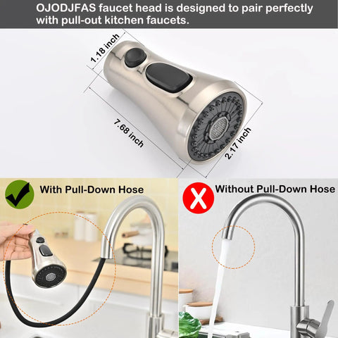 Universal Kitchen Faucet Head Replacement In Brushed Nickel With 17 Adapters For Pull Down Sink Sprayers, dimensions displayed, compatible with pull-down hoses.