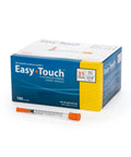 Easy Touch 31G U-100 insulin syringes, 1 mL capacity, 5/16 inch short needle, box of 100 with orange caps.