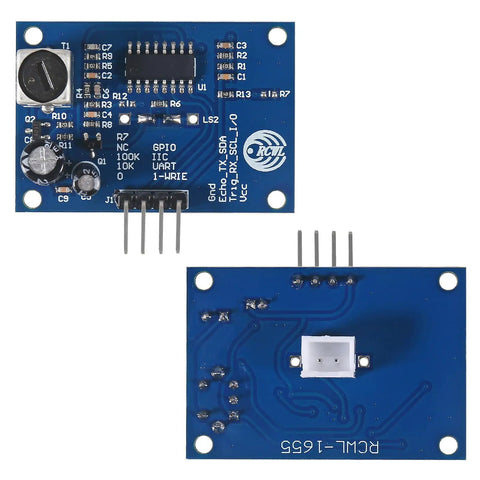 Top and bottom views of Two Pack Waterproof Ultrasonic Distance Sensor Module V3.0, blue circuit board with electronic components.