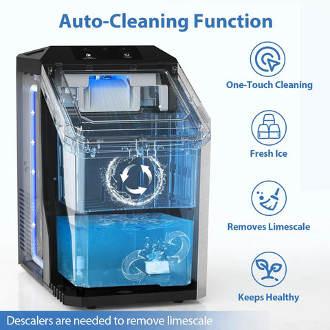 No Sweat Nugget Ice Maker Countertop, 55 Pounds Per Day Heavy Duty Pebble Machine with auto-cleaning function and clear tank.