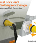 25-Foot 50 Amp Generator Cord With NEMA 14-50P To SS2-50R Or CS6375 Beefy Twist Lock Female Plug in use, connected outdoors in rain.