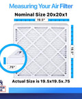MERV 8 Pleated Air Filter 20x20x1 Inches, 12 Pack For Dust And Allergy Control, showing actual size measurements 19.5x19.5x0.75 inches