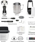 Level Up Your Daily Grind With This Pro Grade Bean To Cup Espresso Machine Featuring A Built In Grinder Automatic Milk Steamer And Sophisticated Black Truffle Design accessories including portafilter, milk jug, water filter, and cleaning tools.