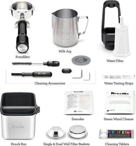 Level Up Your Daily Grind With This Pro Grade Bean To Cup Espresso Machine Featuring A Built In Grinder Automatic Milk Steamer And Sophisticated Black Truffle Design accessories including portafilter, milk jug, water filter, and cleaning tools.