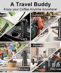 Collage of portable manual coffee grinder with foldable handle and external adjustment shown in various settings like travel, office, and kitchen.