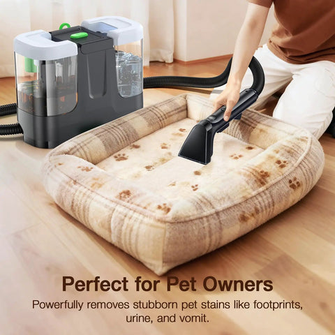 Person using vacuum cleaner on pet bed with paw print design, showing pet stain removal