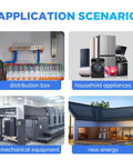 Application scenarios for copper wire lugs: distribution box, household appliances, mechanical equipment, new energy setup.