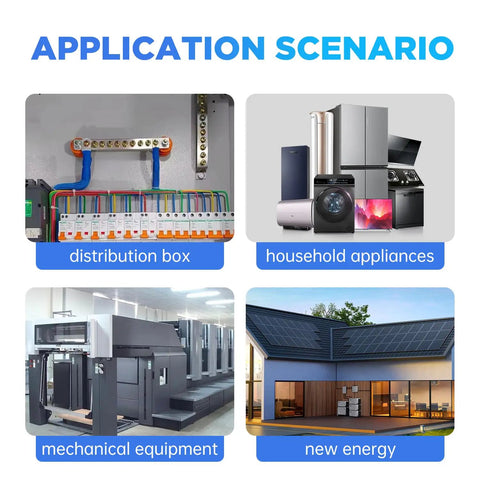 Application scenarios for copper wire lugs: distribution box, household appliances, mechanical equipment, new energy setup.