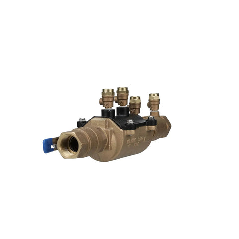 Heavy Duty 1 1 2 Inch Double Check Backflow Preventer For Non Potable Water in bronze with multiple connection ports.