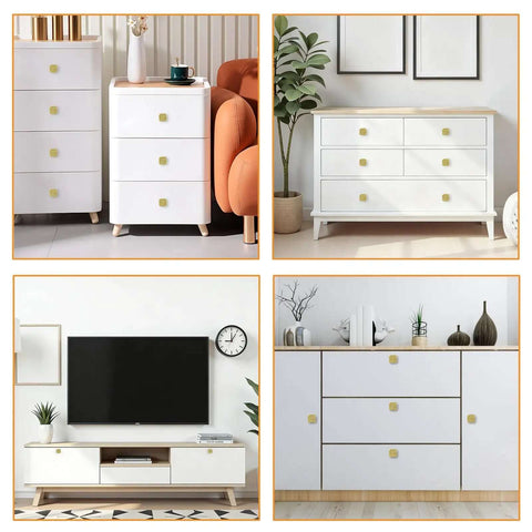 Two Pack Clover Shaped Brass Knob Set For Dresser Wardrobe Cabinets And Doors With Dope Gold Finish on white furniture