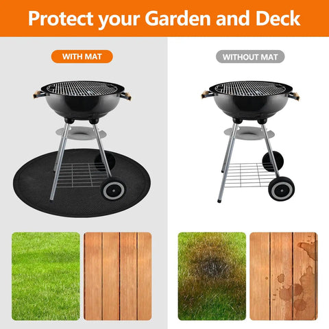 Comparison of grill with 48 Inch Round Fire Pit Mat For Outdoor Pits And Grills 1800 F Fireproof, showing protected and damaged surfaces.