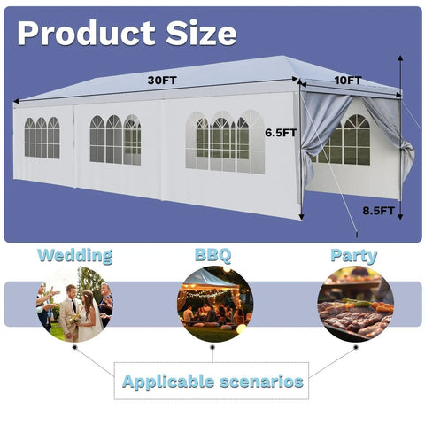 Built Tough 10 By 30 Foot Heavy Duty Outdoor Wedding Canopy With Eight Sidewalls Offering Full UV Protection And Being Totally Waterproof