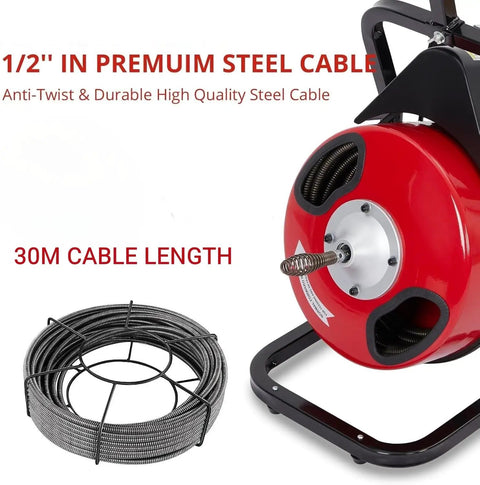 Electric Drain Auger With 30 Meter Steel Cable Drain Snake 250W Motor shown with premium 30m steel cable for heavy-duty use.