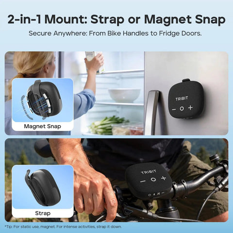 StormBox Micro 3 Portable Bluetooth Speaker With IP68 Waterproofing, shown magnetically attached to a fridge and on a bike with strap