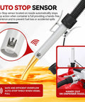 Battery Powered Fuel Transfer Pump With Auto Stop, Portable Electric Gas Can Pump Transfer With 51 Inch Hose And 4 Adapters For Gasoline Diesel Water, Automatic Shutoff, Spill Free, Easy Liquid Transfer showing auto-stop sensor and nozzle.