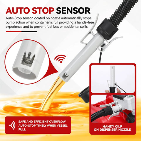 Battery Powered Fuel Transfer Pump With Auto Stop, Portable Electric Gas Can Pump Transfer With 51 Inch Hose And 4 Adapters For Gasoline Diesel Water, Automatic Shutoff, Spill Free, Easy Liquid Transfer showing auto-stop sensor and nozzle.