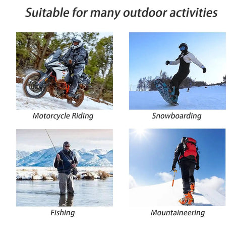 4 images of outdoor activities suitable for 2 Pack Distressed Balaclava Ski Masks For Men And Women, including snowboarding and fishing.