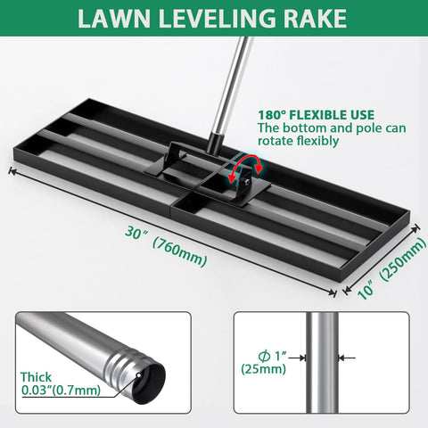 Beast Heavy Duty Lawn Leveling Rake with 30 inch by 10 inch head, stainless steel handle, pro grade tool shown with flexible pole joint.