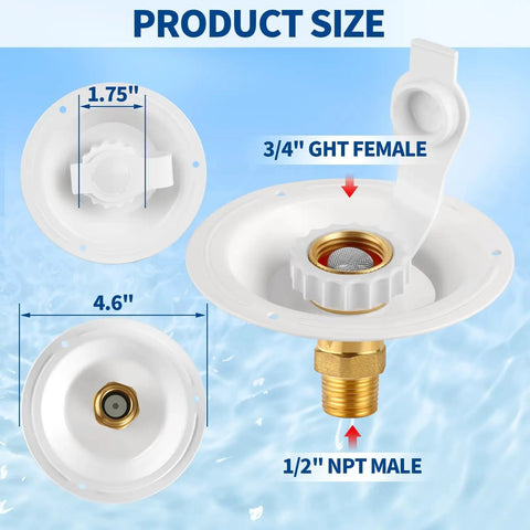 Dimensions and connectors of City Water Inlet Check Valve And Hookup Connector For RVs Three Quarter Inch NH Female To One Half Inch NPT Male Three Inch Flange Lead Free Brass Backflow Preventer With Dust Plug For Camper And Motorhome