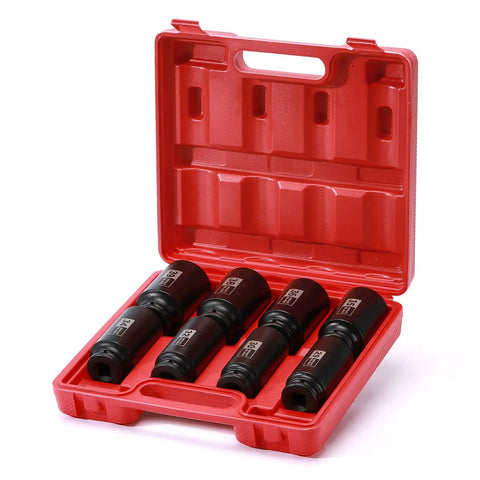 Eight-Piece Half Inch Drive Deep Socket Set For Axle Nuts, 12-Point Metric Cr-Mo Sockets in red storage case