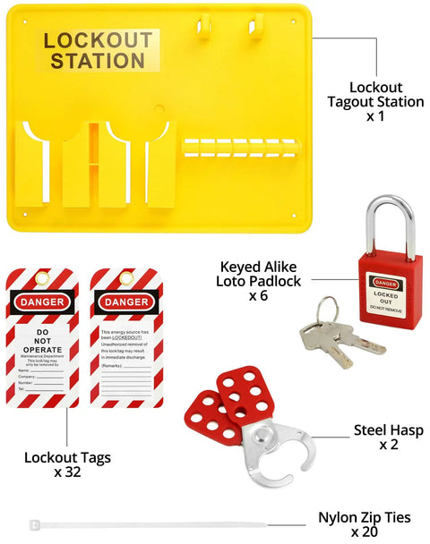 Pro Grade Lockout Tagout Station Kit With LOTO Tools For Industrial Safety, 1 Lockout Station, 2 Hasps, 6 Keyed Alike Padlocks