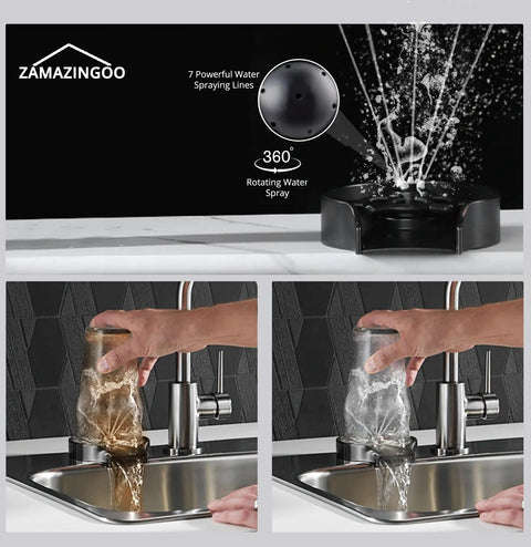 360 Degree Glass Rinser For Kitchen Sink Matte Black Cup Washer High Pressure Cleaner in use, rinsing a glass