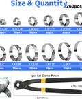260 Piece Hose Clamp Kit With 12 Sizes 5.3 To 33.1mm 304 Stainless Steel Single Ear Crimp Clamps with Ear Clamp Pincer