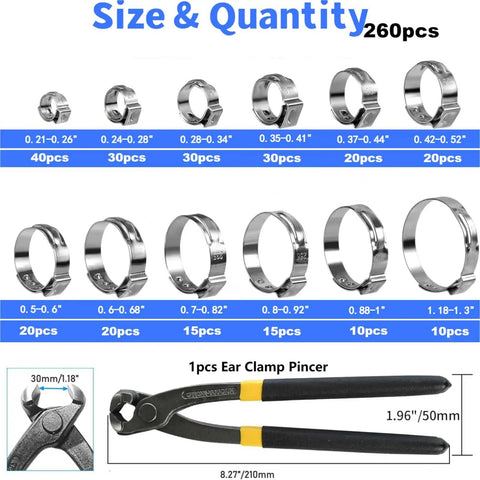 260 Piece Hose Clamp Kit With 12 Sizes 5.3 To 33.1mm 304 Stainless Steel Single Ear Crimp Clamps with Ear Clamp Pincer