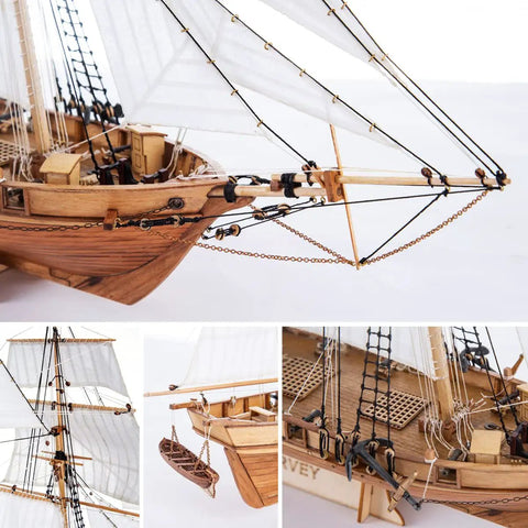 Wooden Ship Model Kit for Grownups One Ninety Six Scale Harvey 1847 Trading Ship with metal accessories and lifeboat detail