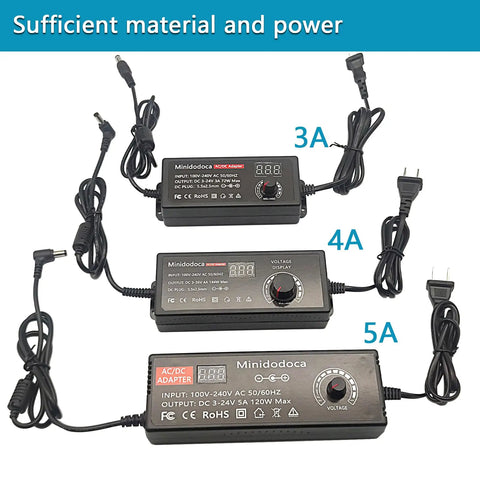 72W Adjustable AC to DC Power Supply Universal Adapter With LED Voltage Display and 16 Tips showcasing power levels 3A, 4A, 5A