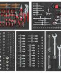 Red tool cart kit with steel body, scratch-resistant powder coat, ABS cover top, small compartments, tools included