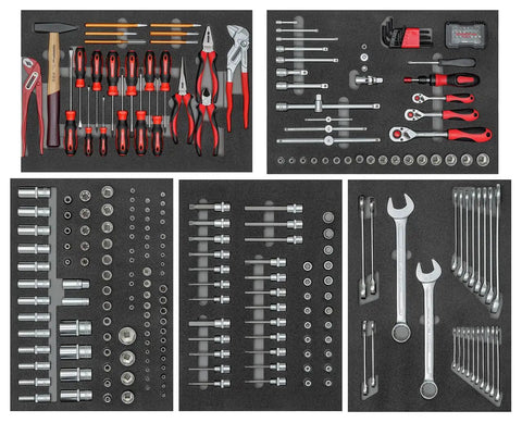 Red tool cart kit with steel body, scratch-resistant powder coat, ABS cover top, small compartments, tools included