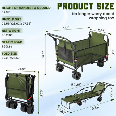Heavy Duty Folding Wagon 2 In 1 Collapsible Cart Transforming Into Beach Chair With 650 Lb Capacity, dimensions in diagram